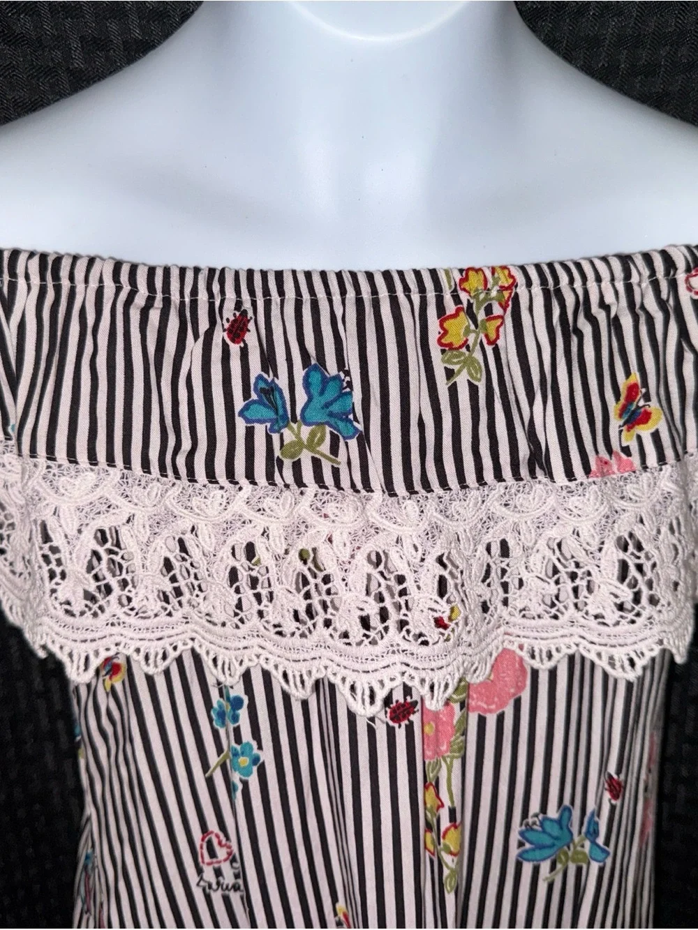 Off-Shoulder Black & White Stripe Floral Lace-Trim Top